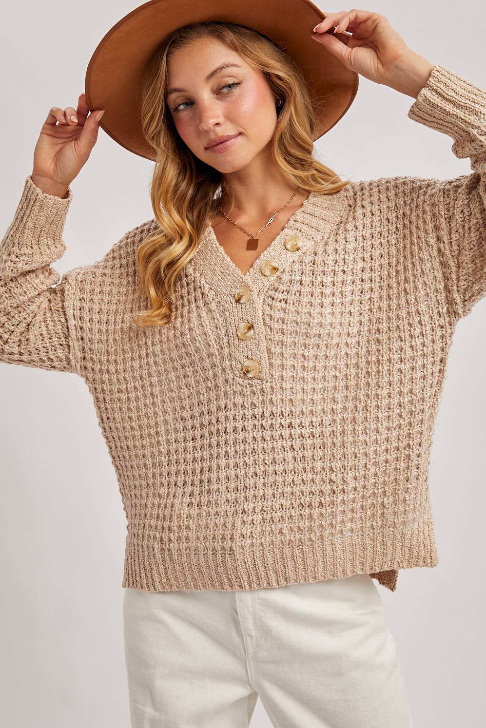 Beige Thermal Henley Sweater