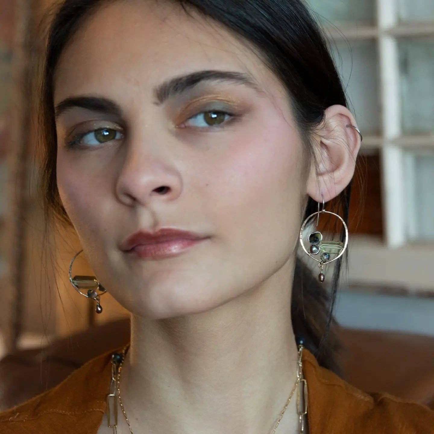 Embroidered Quartz Hoop Earrings