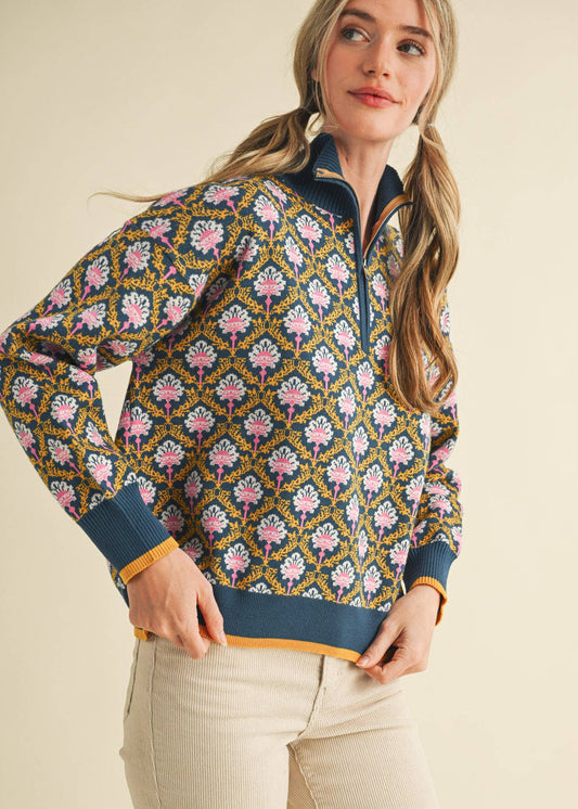 Floral Mock Neck Pullover Sweater