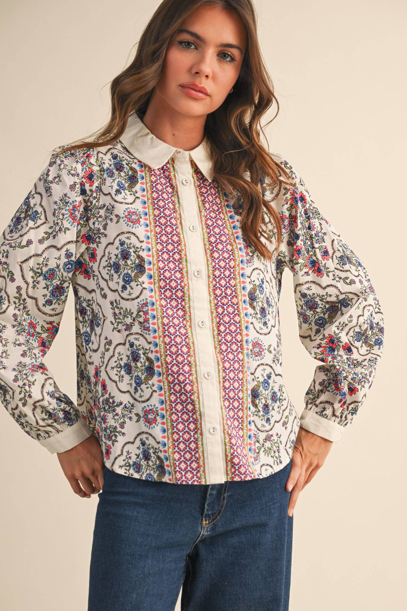 Floral Border Button Up Blouse