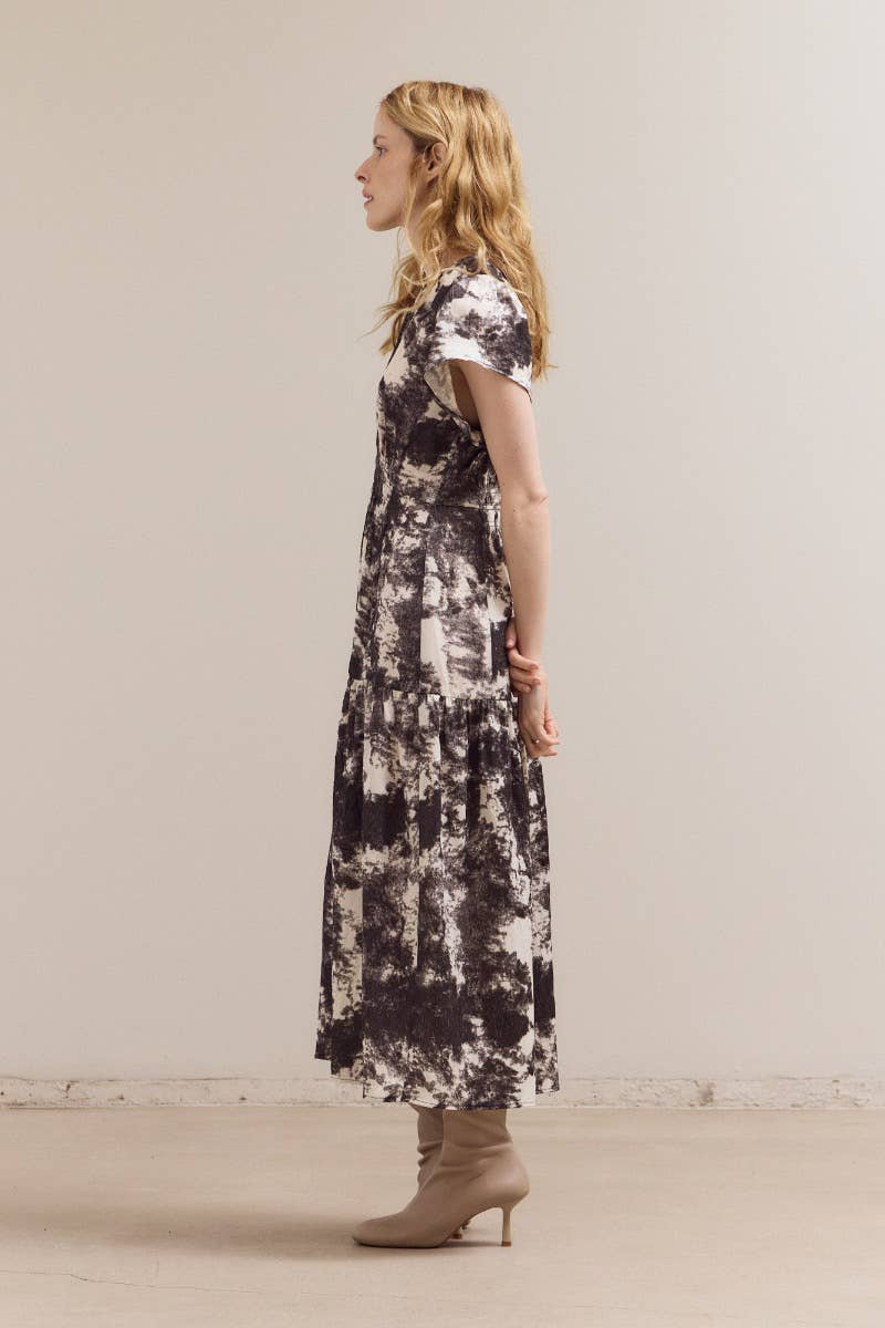 Printed Ruffle Satin Midi Dress