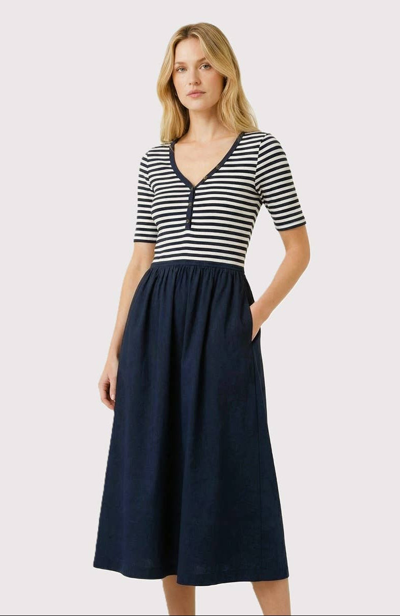 Stripe & Solid Mixed Media Midi Dress