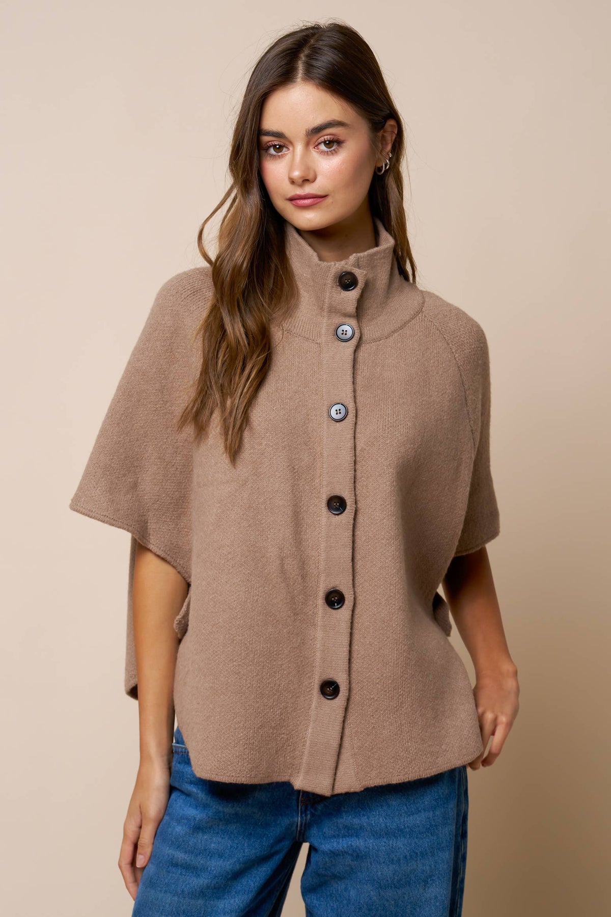 Taupe Button Down Knit Poncho