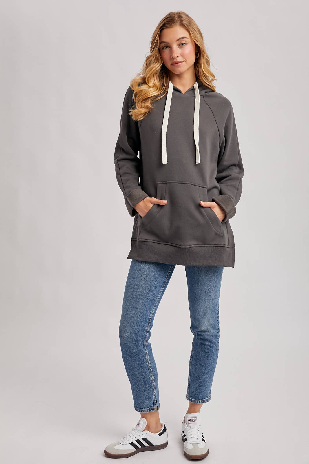 Side Slit Tunic Hooded Sweatshirt - Ash