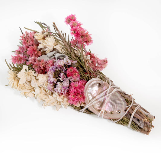 Pink & White Floral Smudge Wand with Shell
