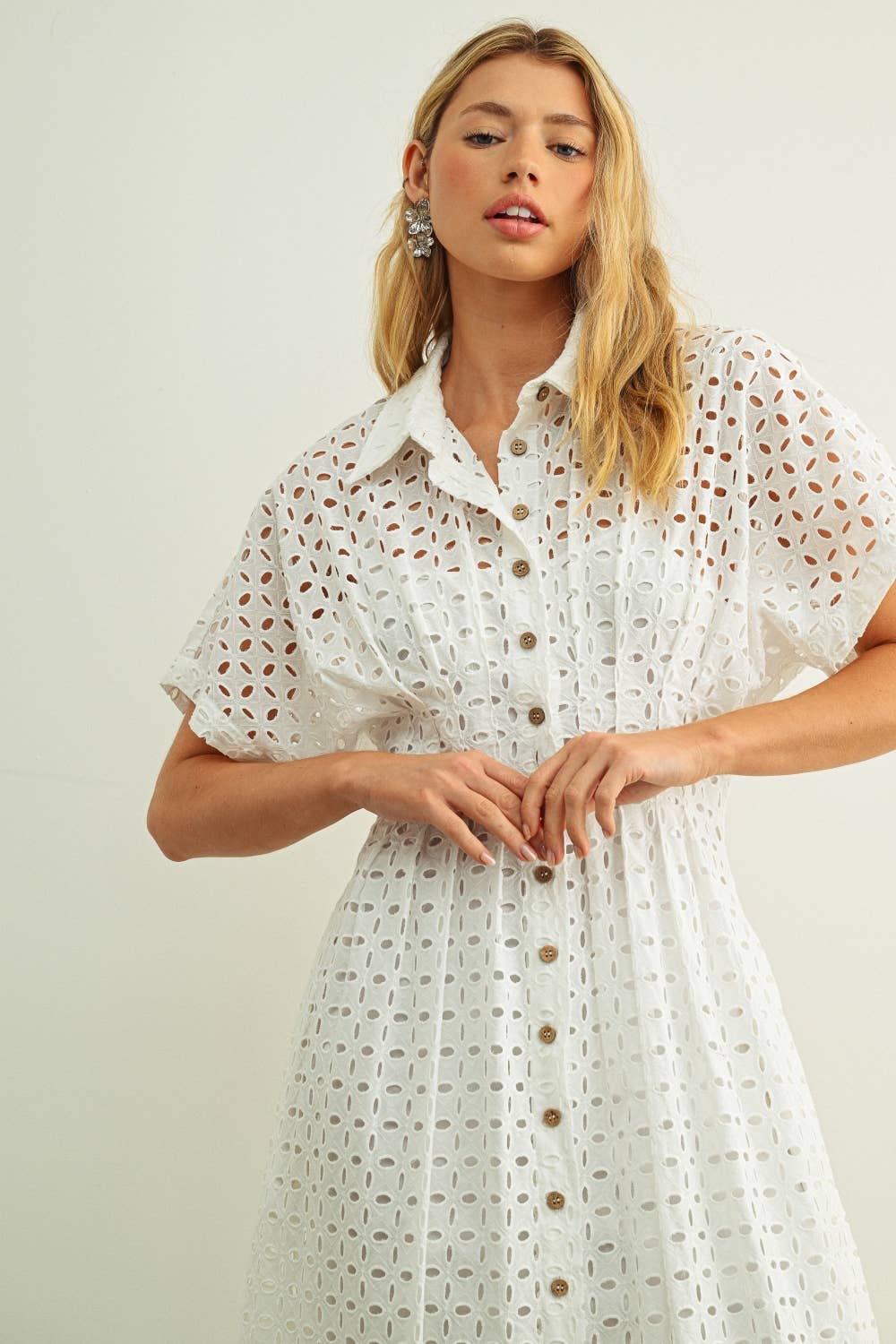 Eyelet Pleated Corset Shirt Dress
