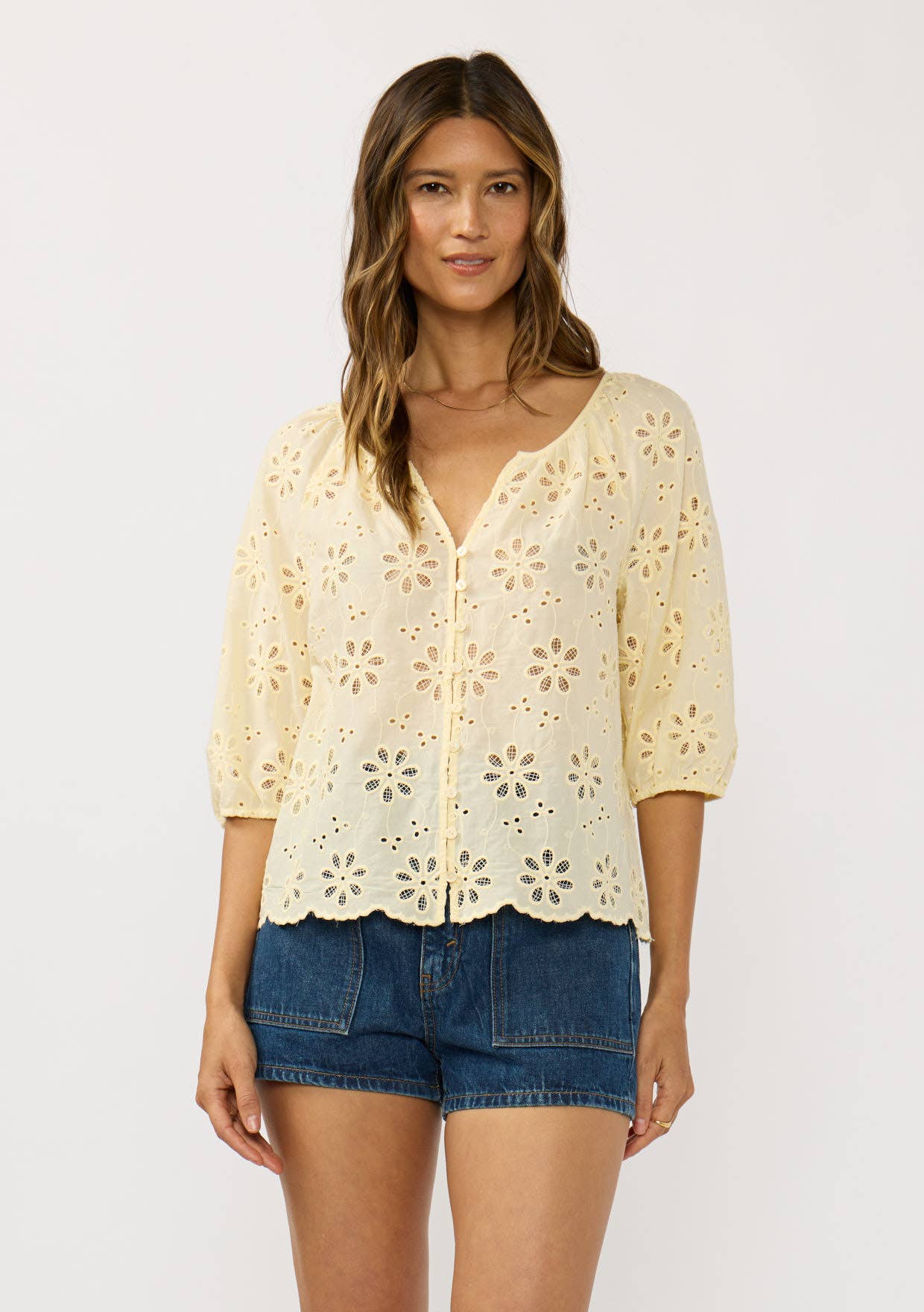 Floral Eyelet V-Neck Button Blouse