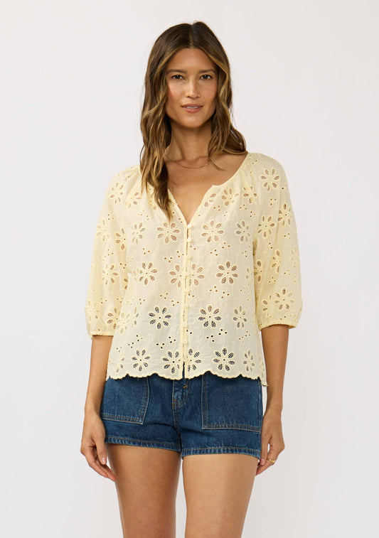 Floral Eyelet V-Neck Button Blouse