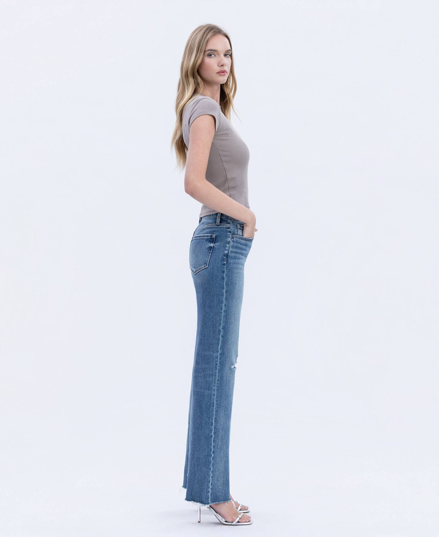 FLYING MONKEY High Rise Frayed Hem Slim Wide Jeans