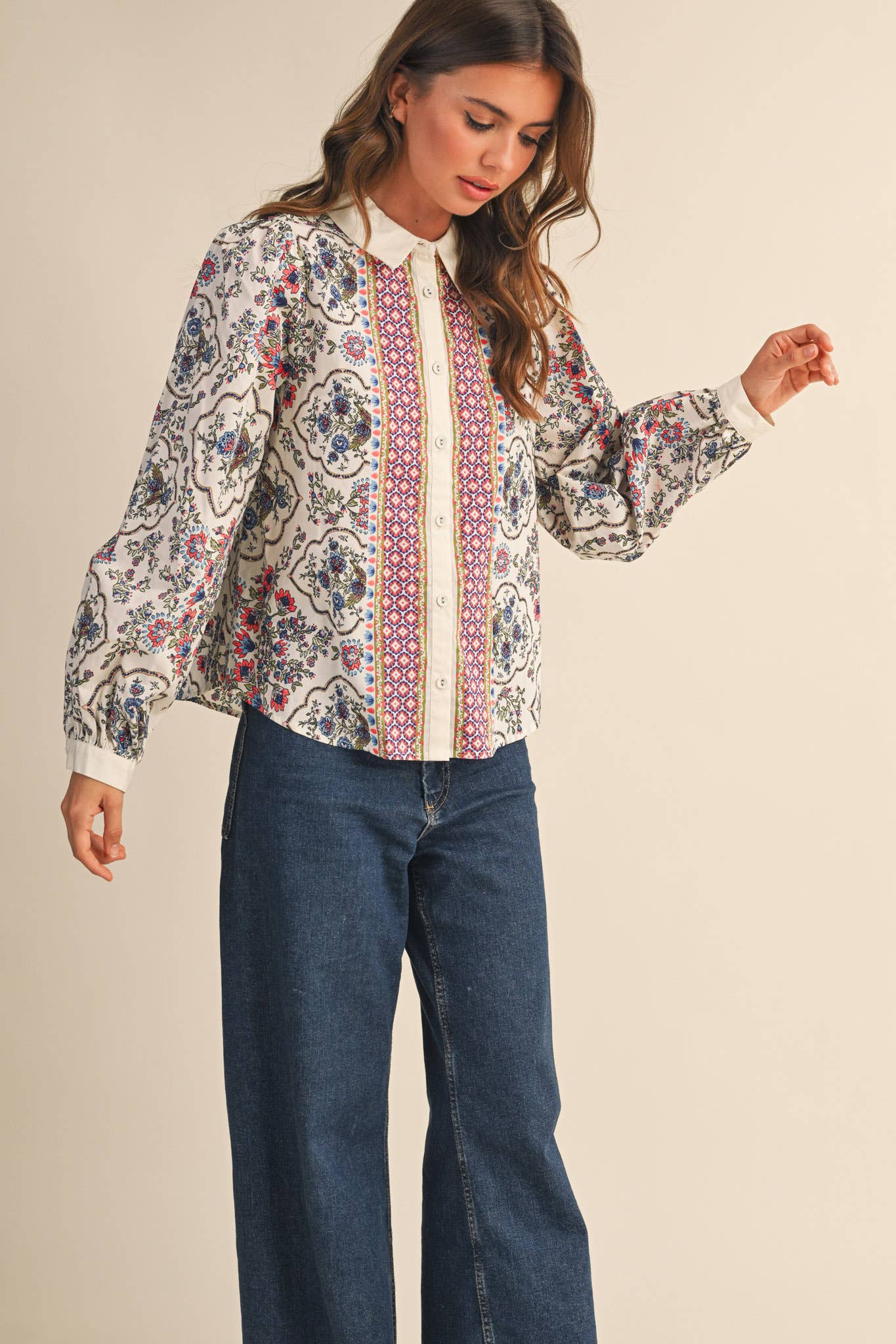 Floral Border Button Up Blouse