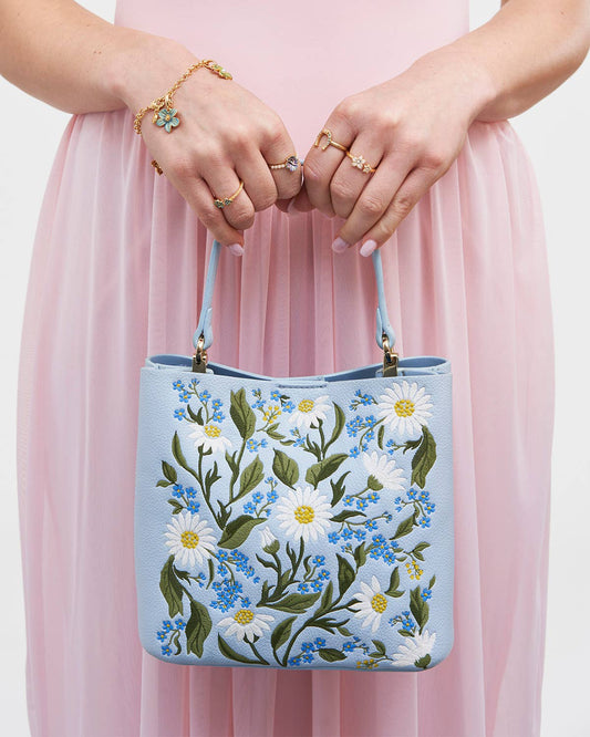 Forget Me Not Blue Embroidered Bucket Bag