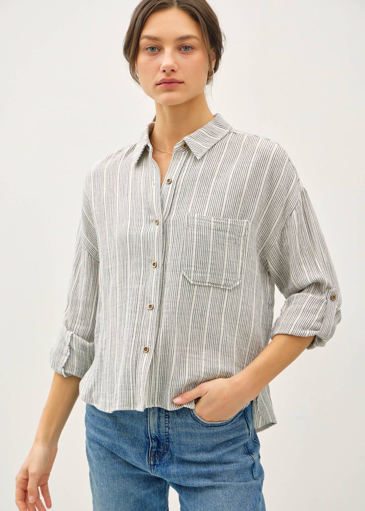 Striped Cotton Gauze Button Up