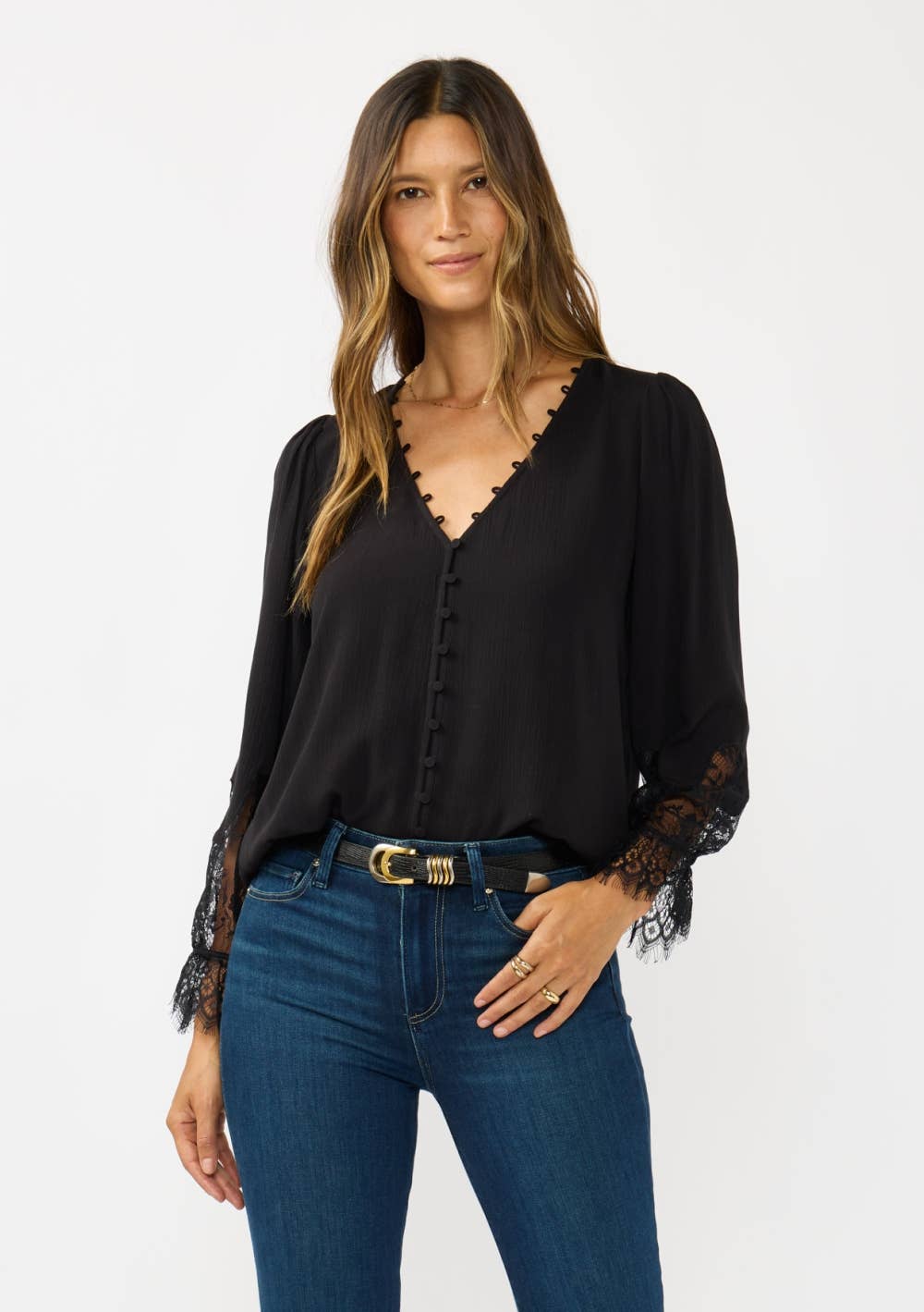 Lace Cuff V-Neck Button Blouse