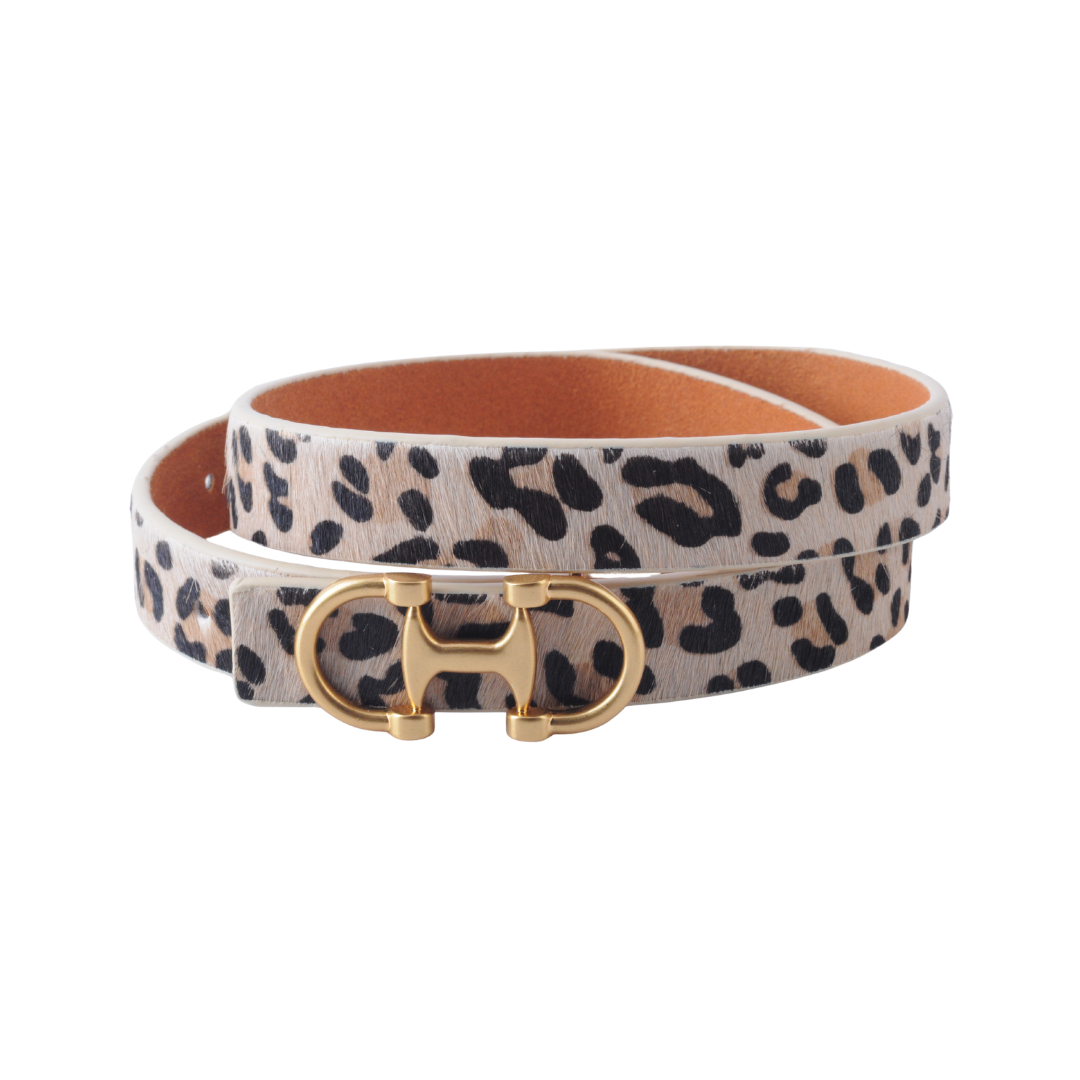 Horse Bit Buckle Stitched Napa Leather Belt - Leopard