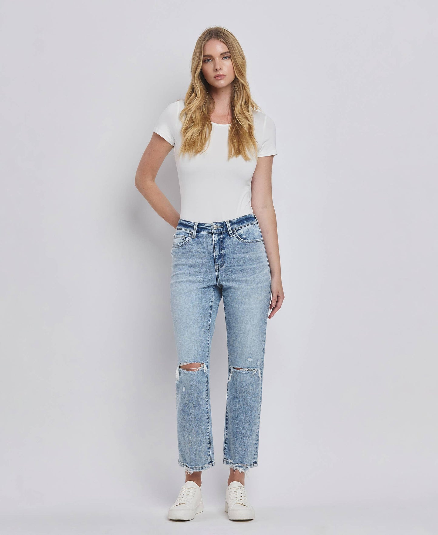 High Rise Distressed Crop Straight Jeans