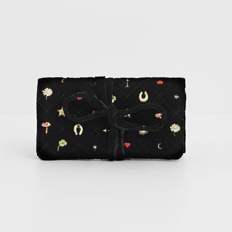 Black Quilted Motif Velvet Embroidered Jewelry Roll