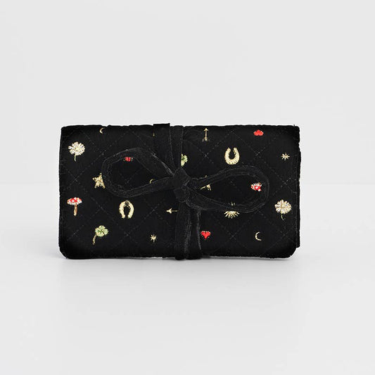 Black Quilted Motif Velvet Embroidered Jewelry Roll