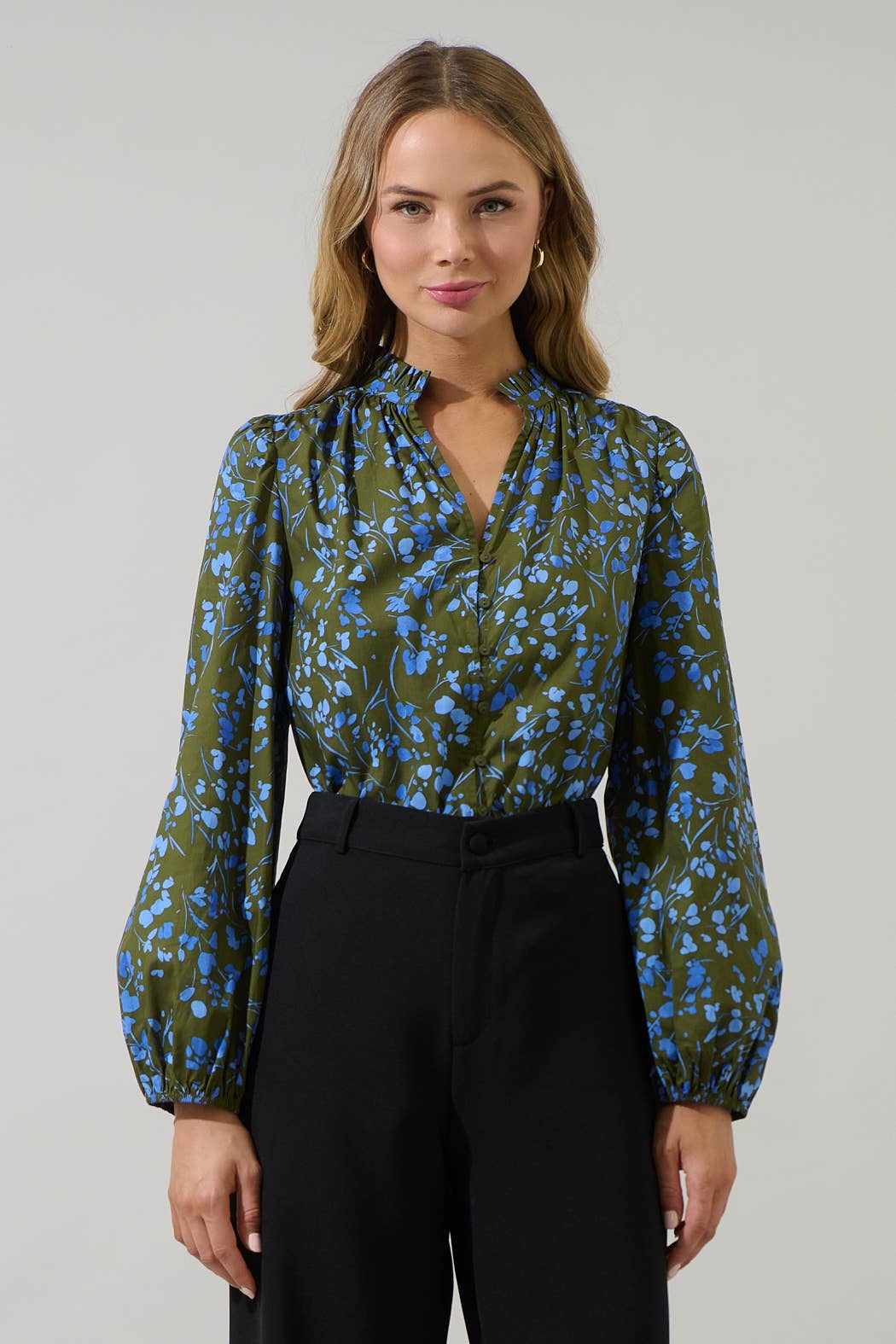 Olive & Blue Ruffle Blouse