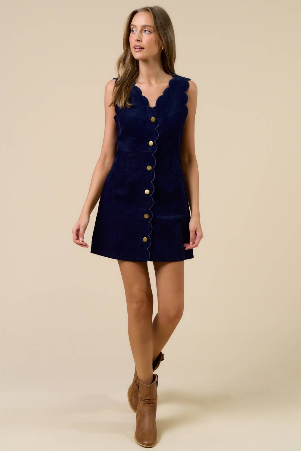 Corduroy Scalloped Edge Mini Dress