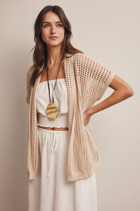 Beige Breeze Open Knit Belted Cardigan