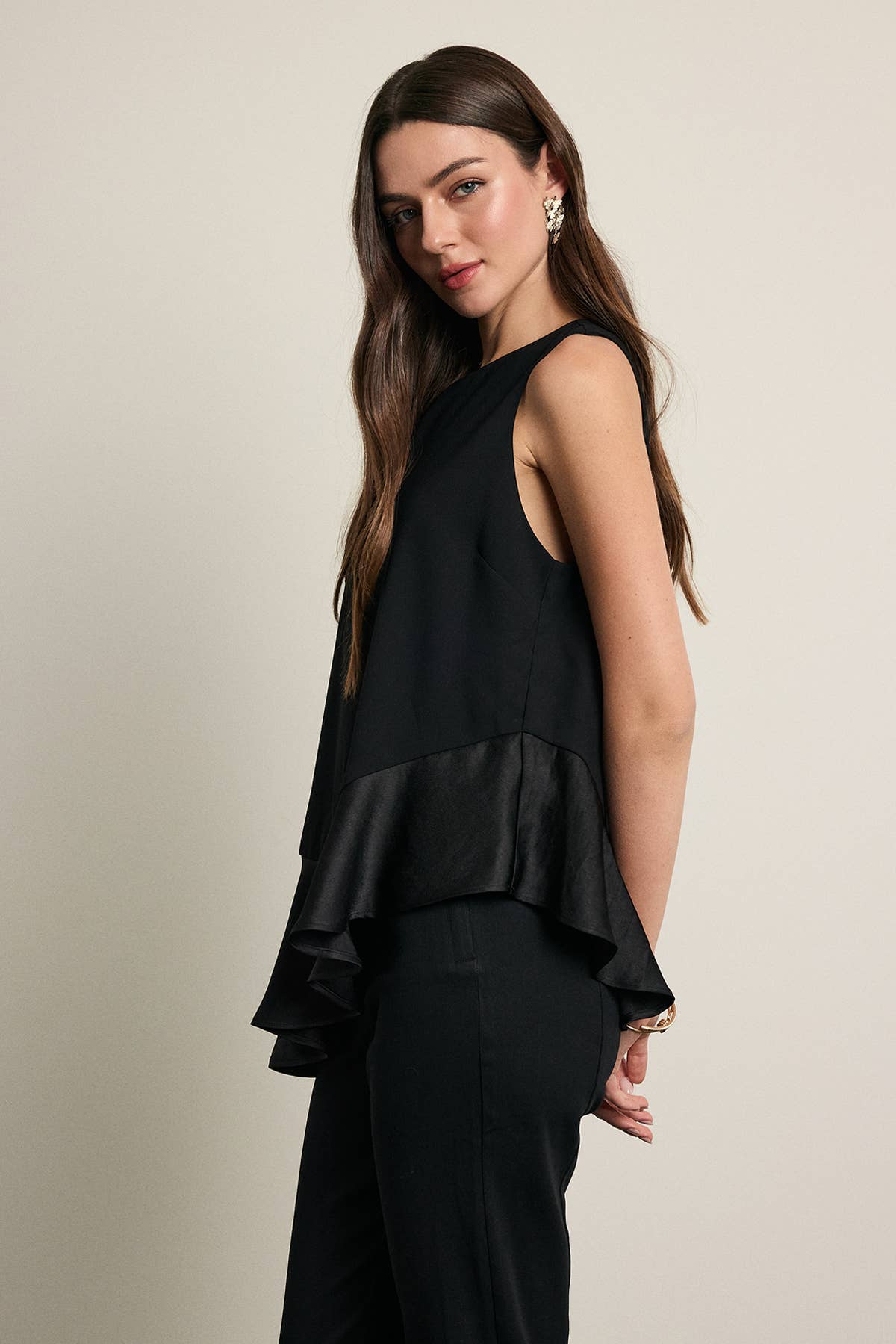 Asymmetrical Satin Ruffle Hem Sleeveless Top