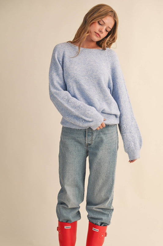 Ice Blue Floral Knit Puff Sweater