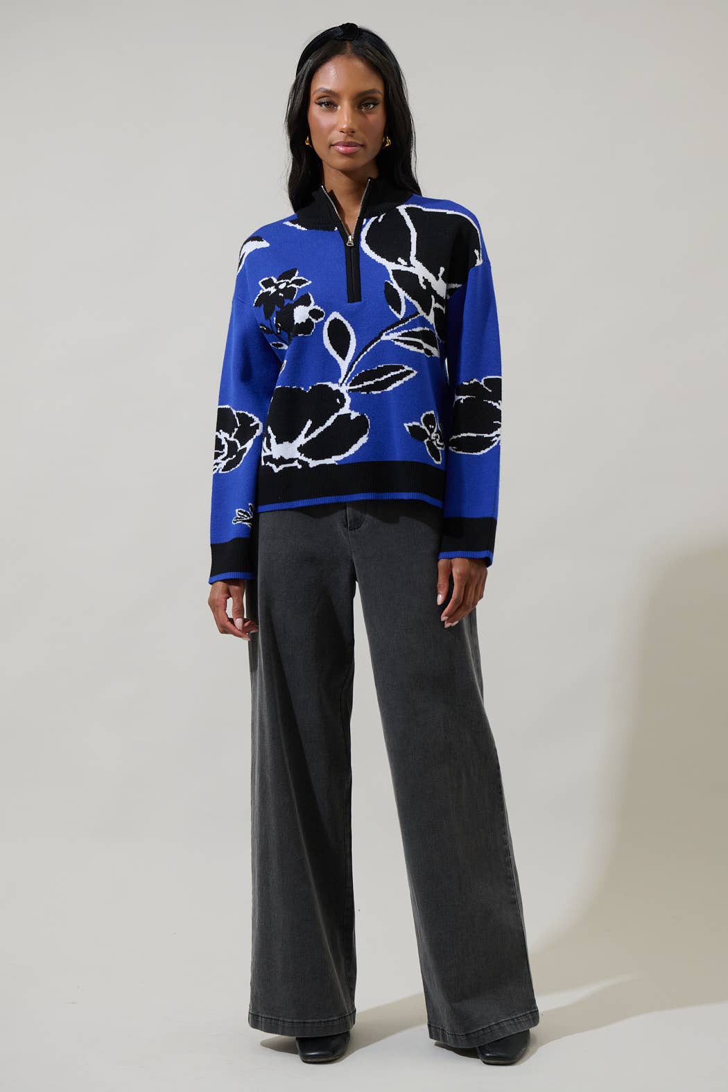 Cobalt Floral Zip Up Sweater