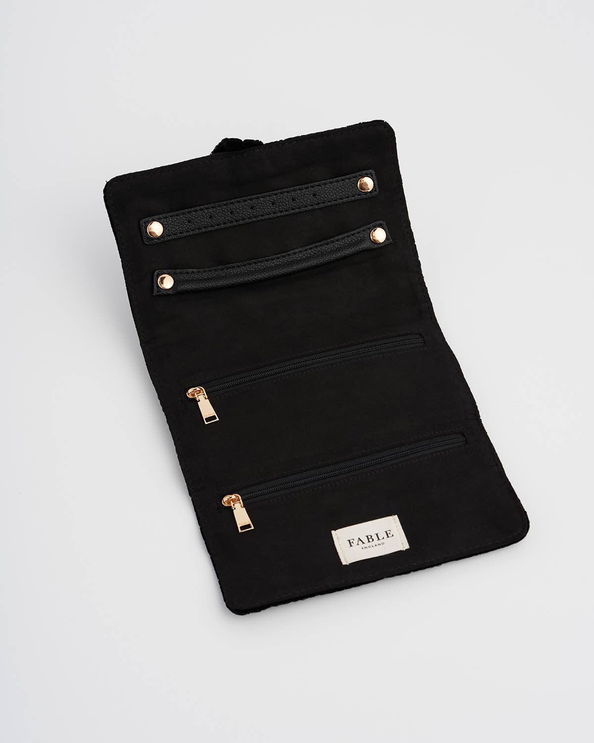 Black Quilted Motif Velvet Embroidered Jewelry Roll