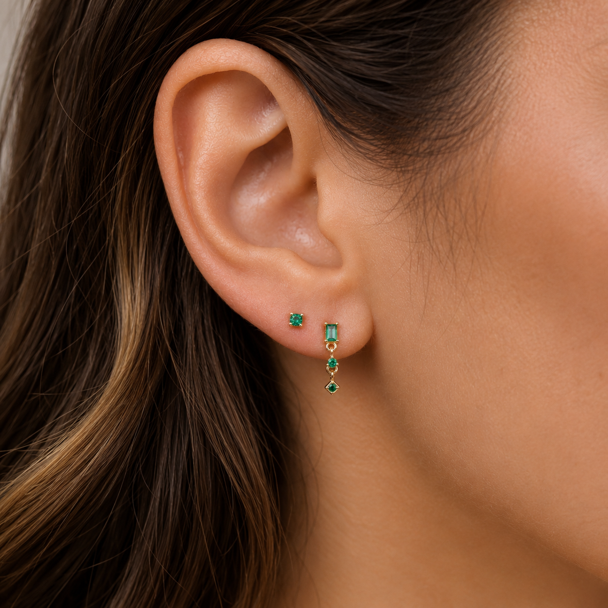 Mini Baguette Drop Earrings - Emerald