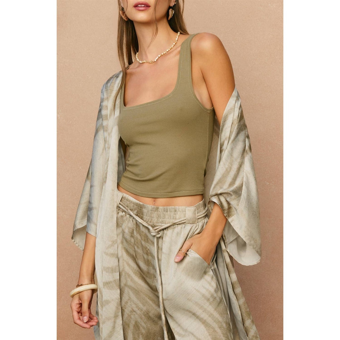 Sandstone Palm High Slit Kimono Duster