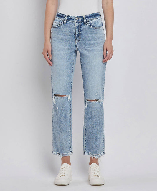 High Rise Distressed Crop Straight Jeans