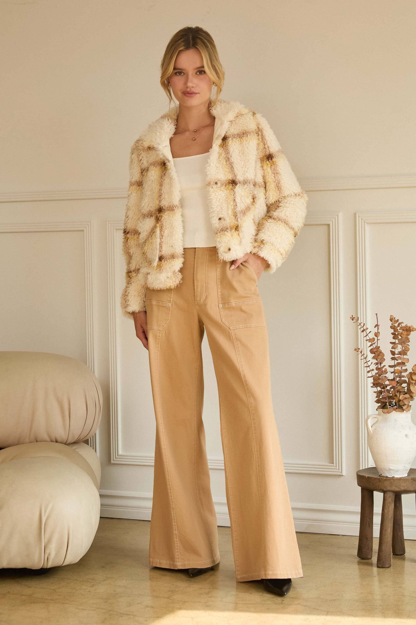 Fuzzy Plaid Button Down Jacket