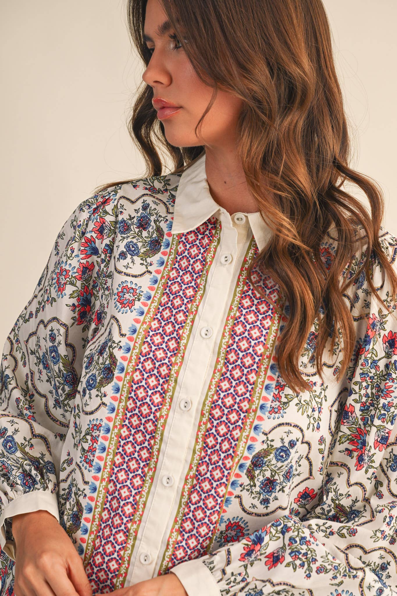 Floral Border Button Up Blouse