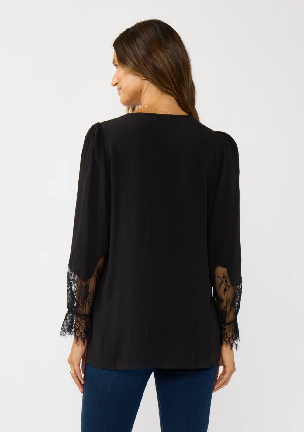 Lace Cuff V-Neck Button Blouse