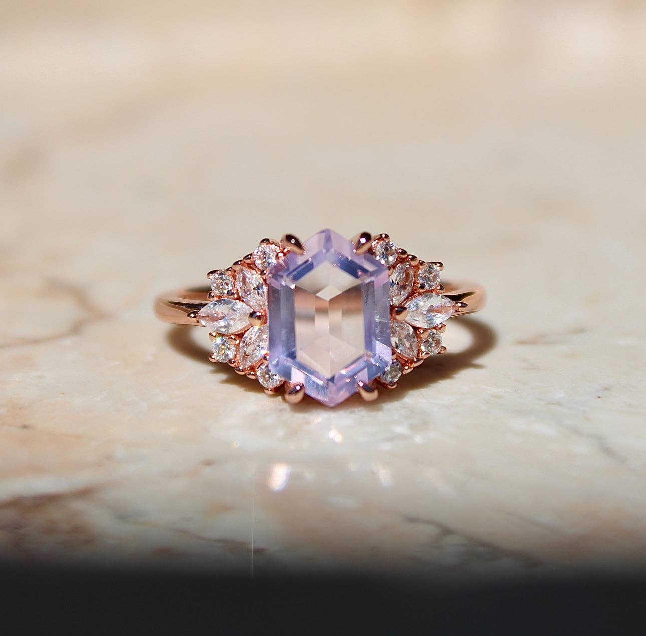 Lavender Quartz Hexagon Floral Ring