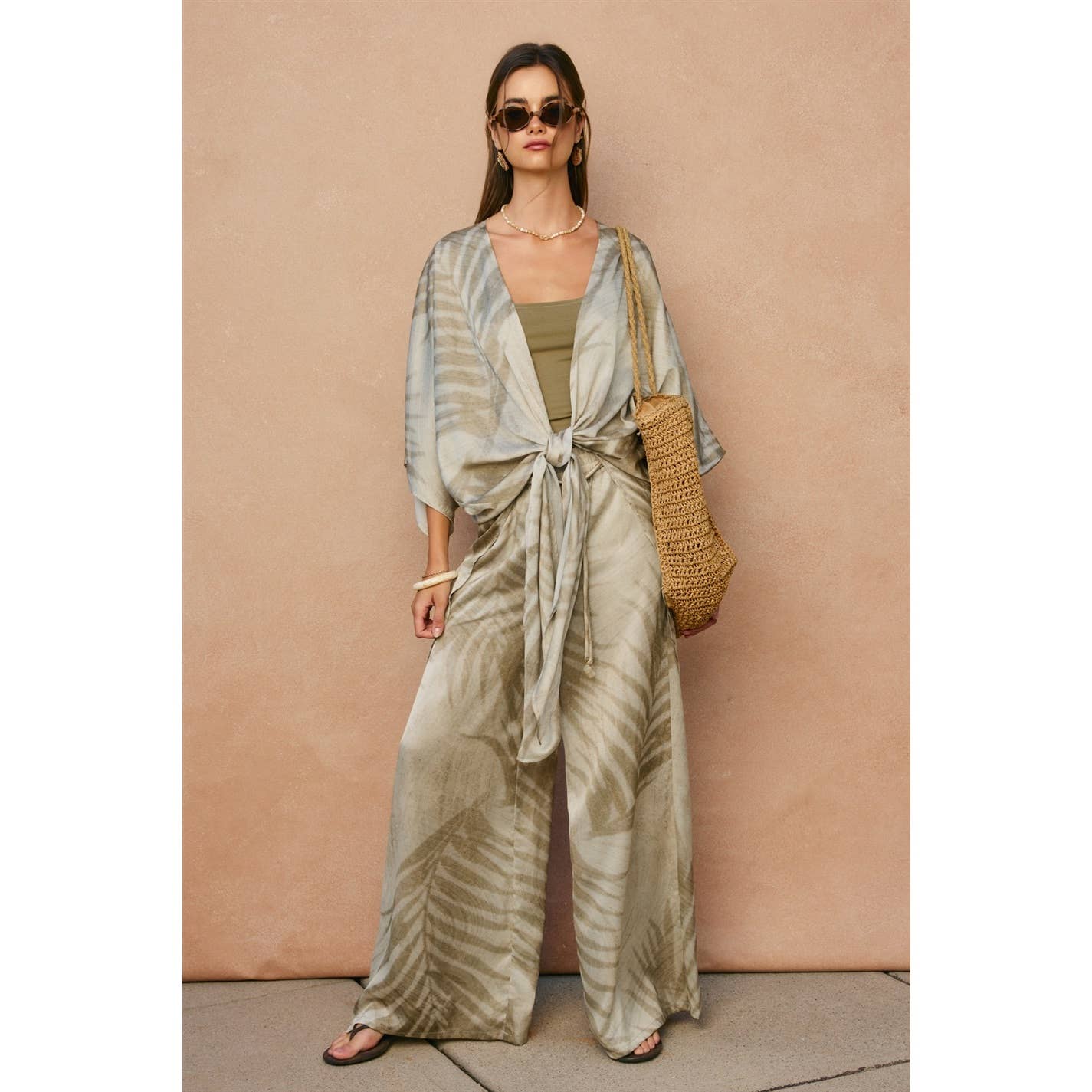 Sandstone Palm High Slit Kimono Duster