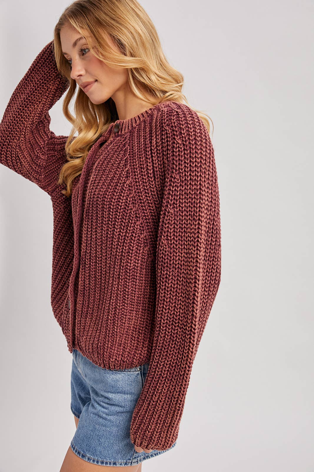 Washed Chunky Knit Cardigan Sweater