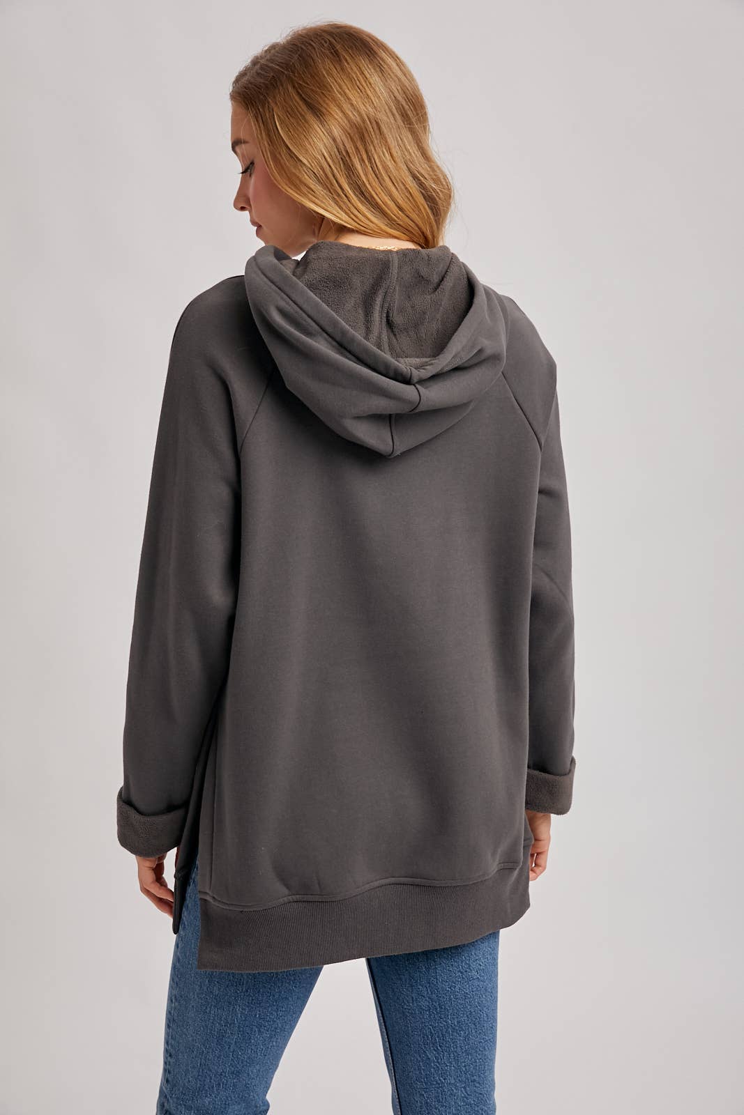 Side Slit Tunic Hooded Sweatshirt - Ash