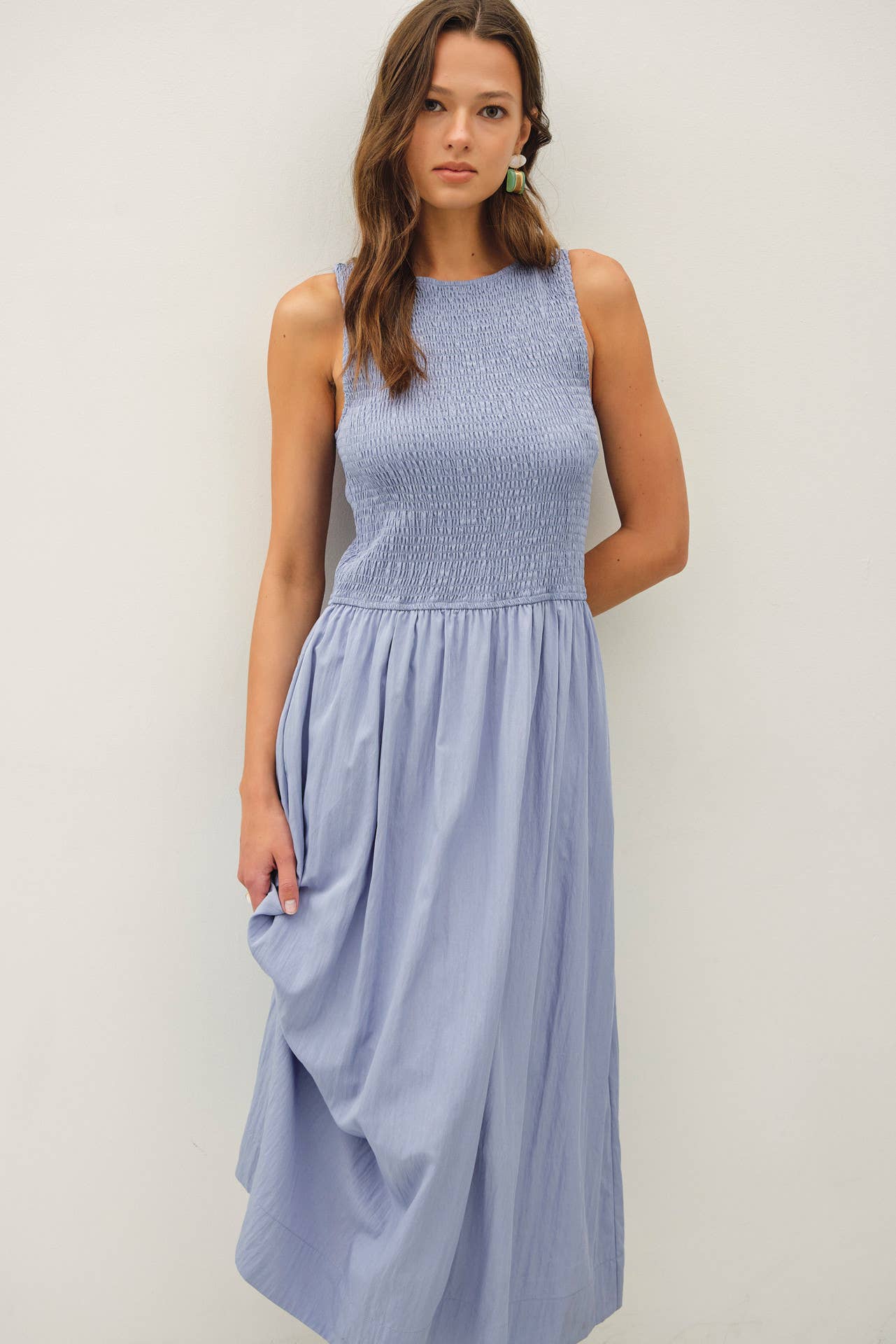 Powder Blue Boatneck Smocked Tank Midi Dress L
