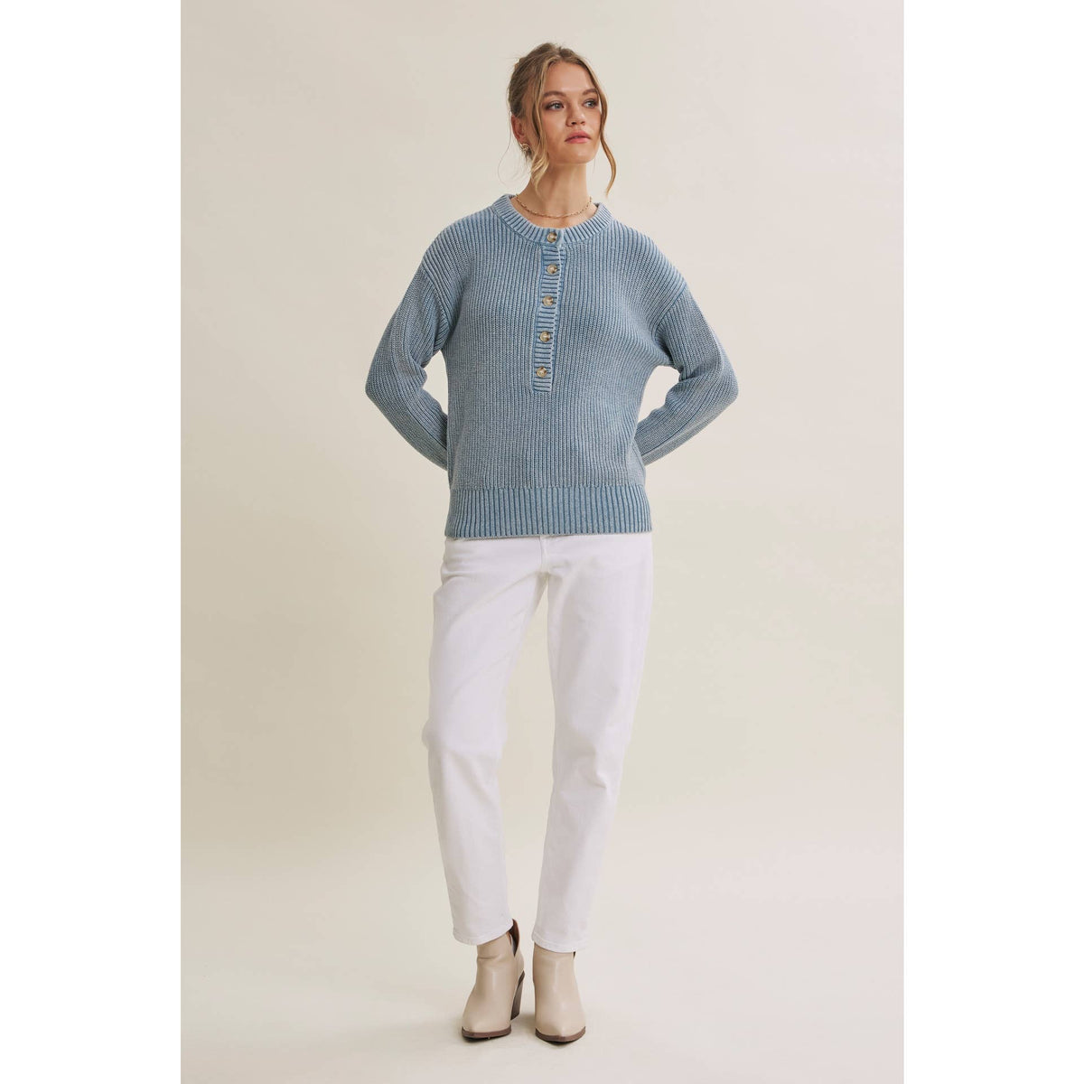 Mineral-Washed Henley Sweater Pullover