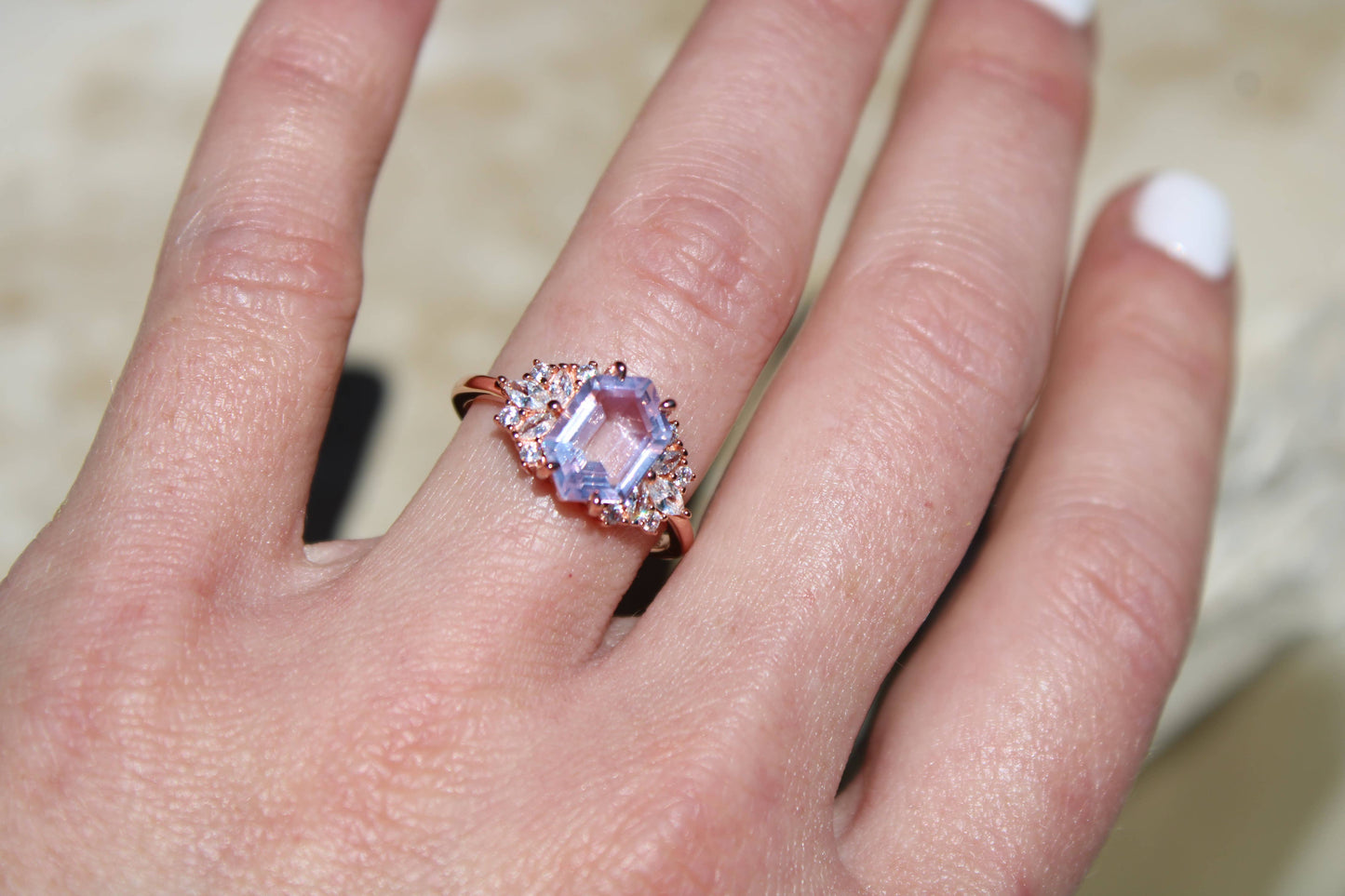 Lavender Quartz Hexagon Floral Ring