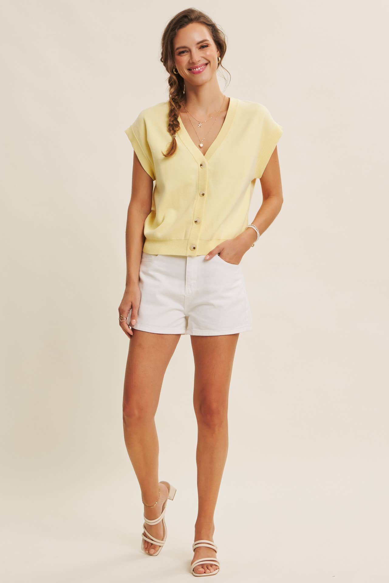 Soft Banana Button Down Sweater Top