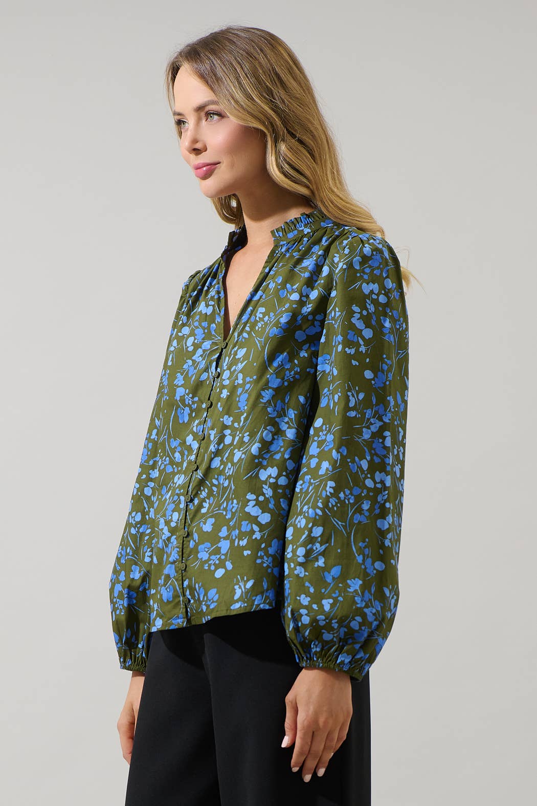 Olive & Blue Ruffle Blouse