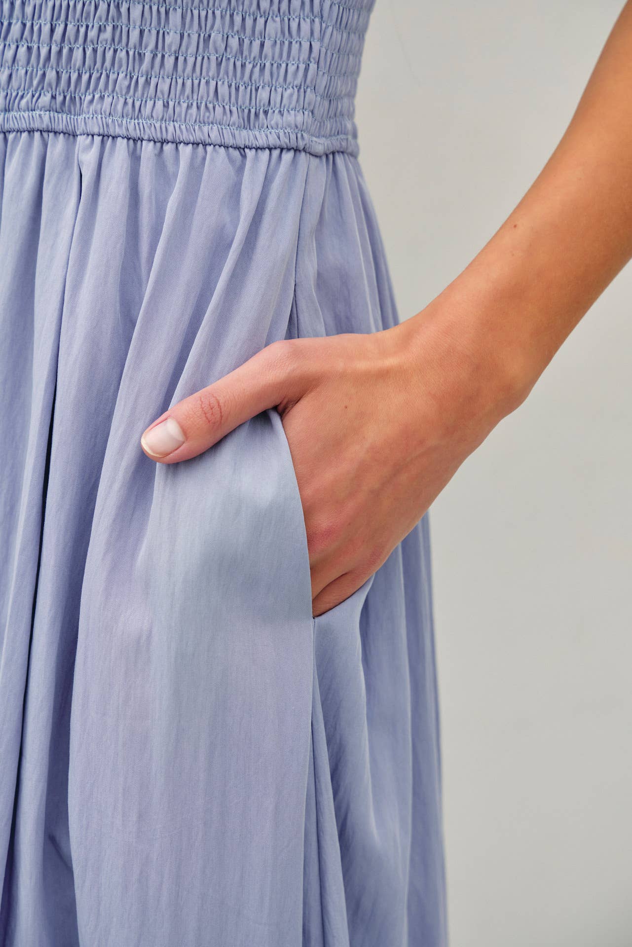 Powder Blue Boatneck Smocked Tank Midi Dress