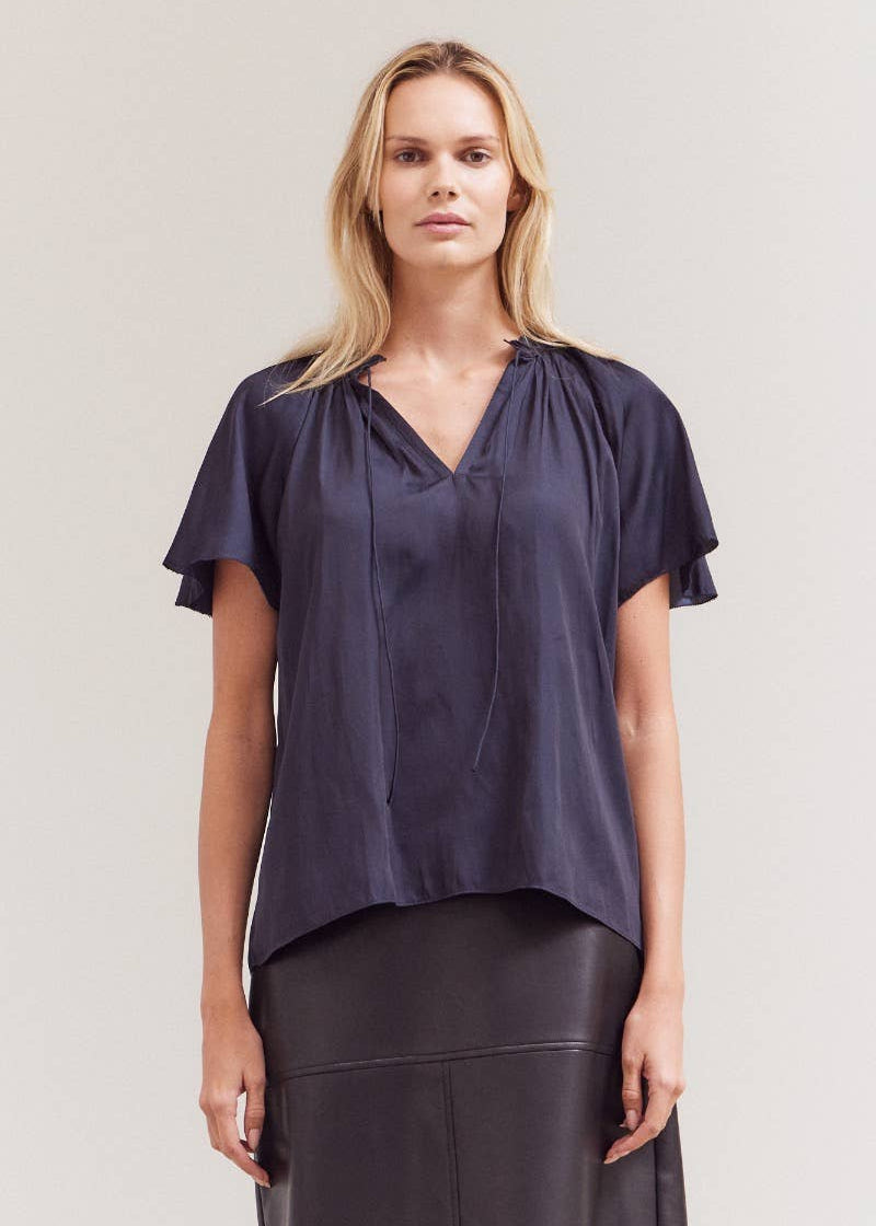 Midnight Silky Ruffle Sleeve Blouse