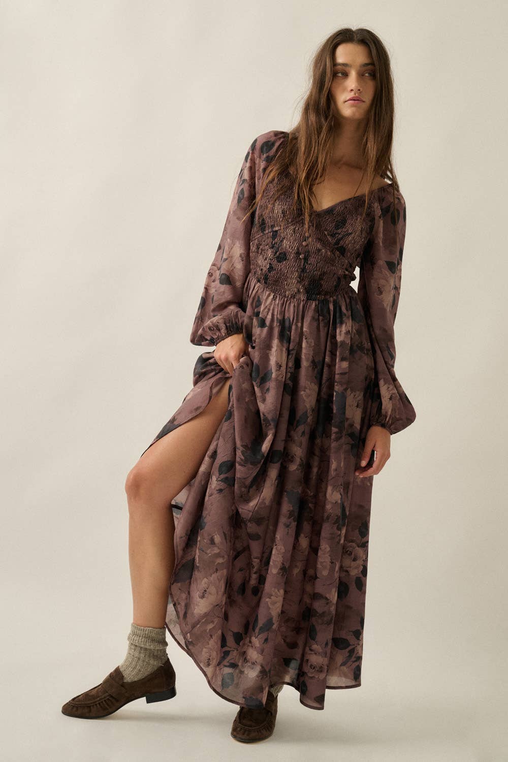 Romantic Brown Blossoms Sweetheart Maxi Dress