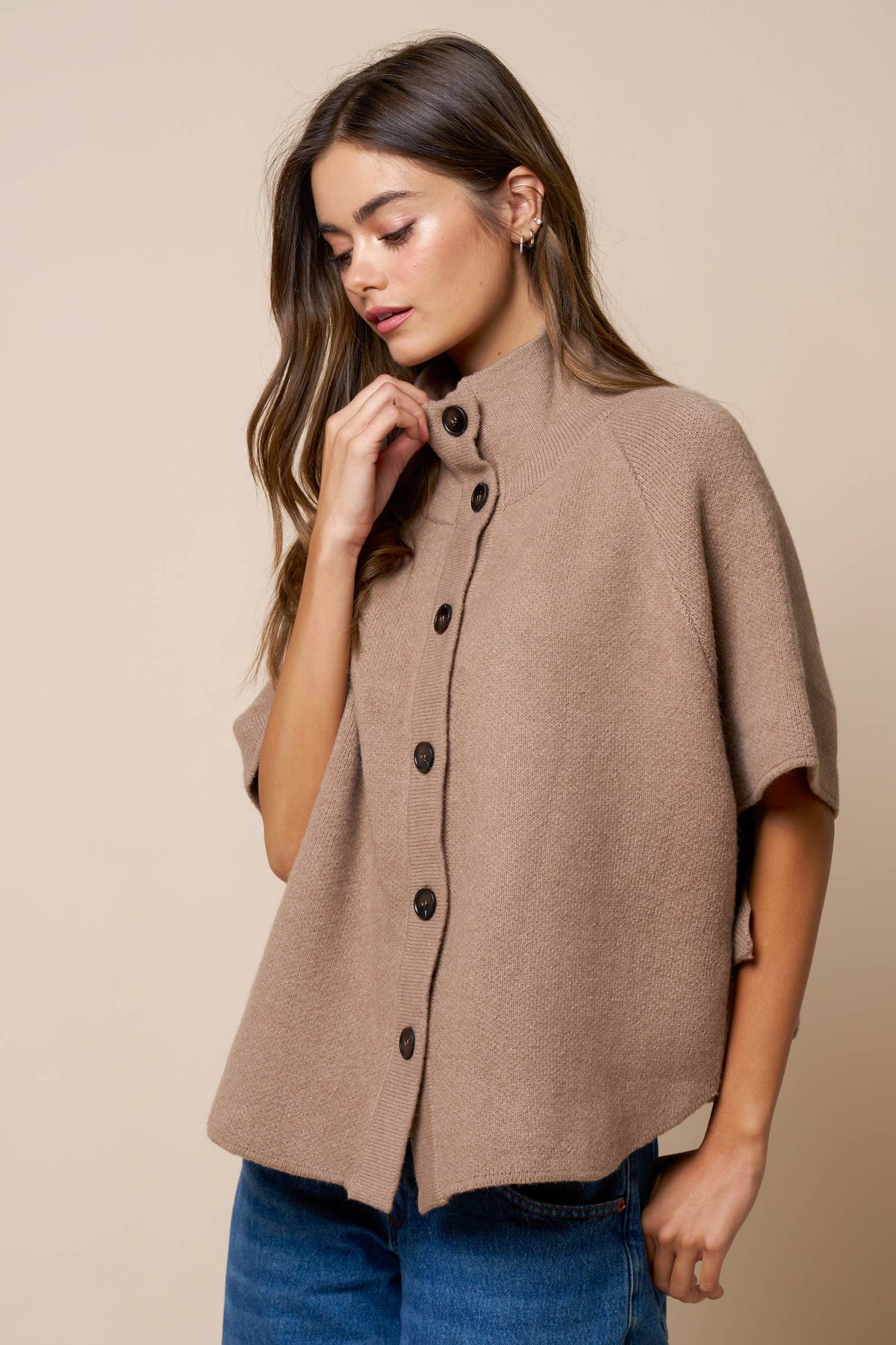 Taupe Button Down Knit Poncho