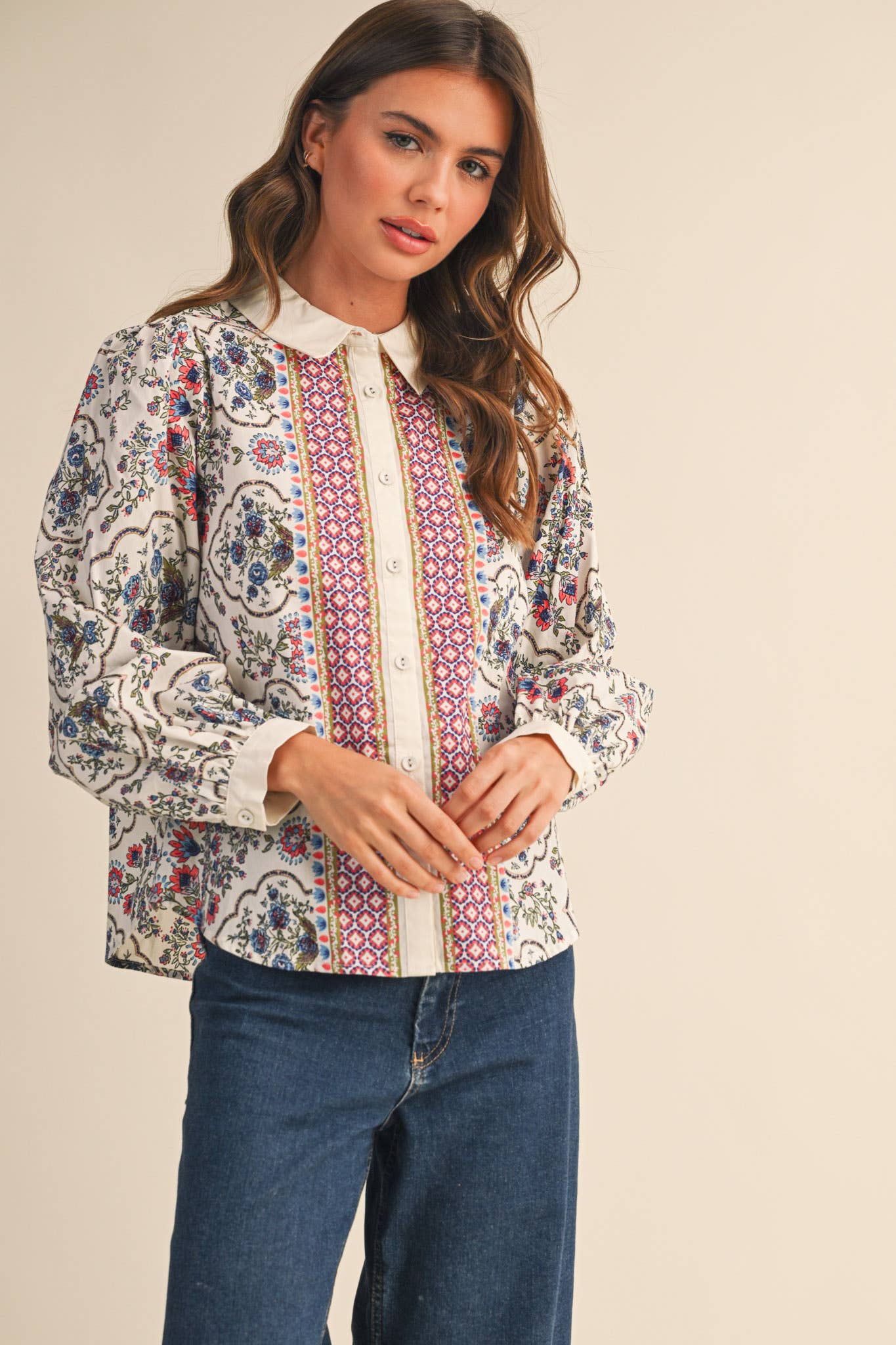 Floral Border Button Up Blouse