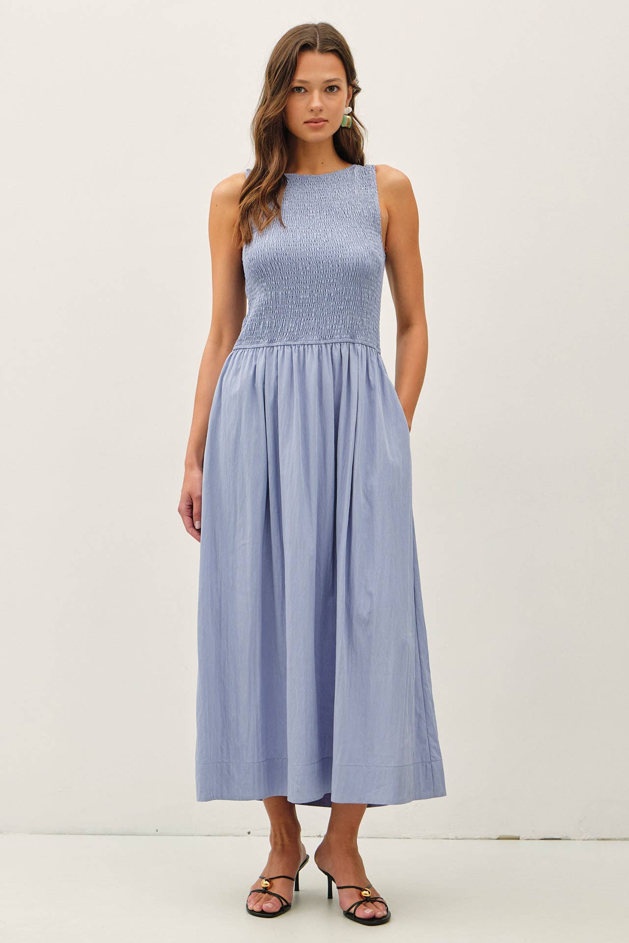 Powder Blue Boatneck Smocked Tank Midi Dress