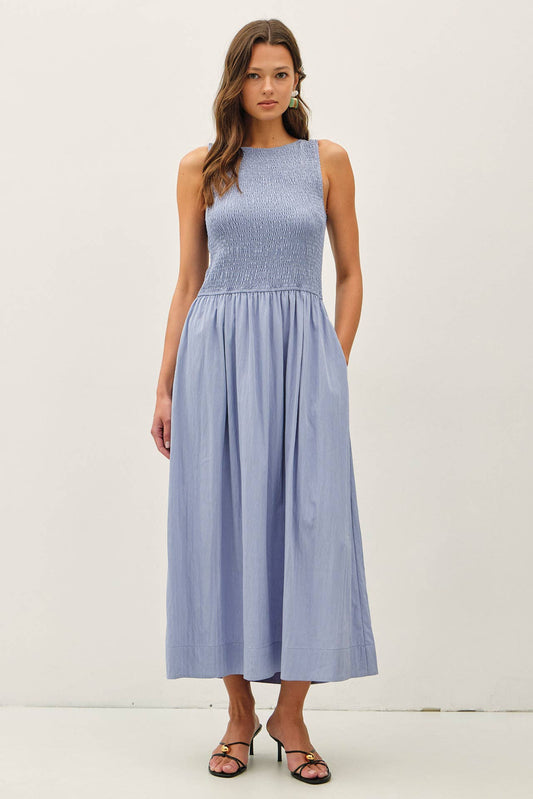 Powder Blue Boatneck Smocked Tank Midi Dress